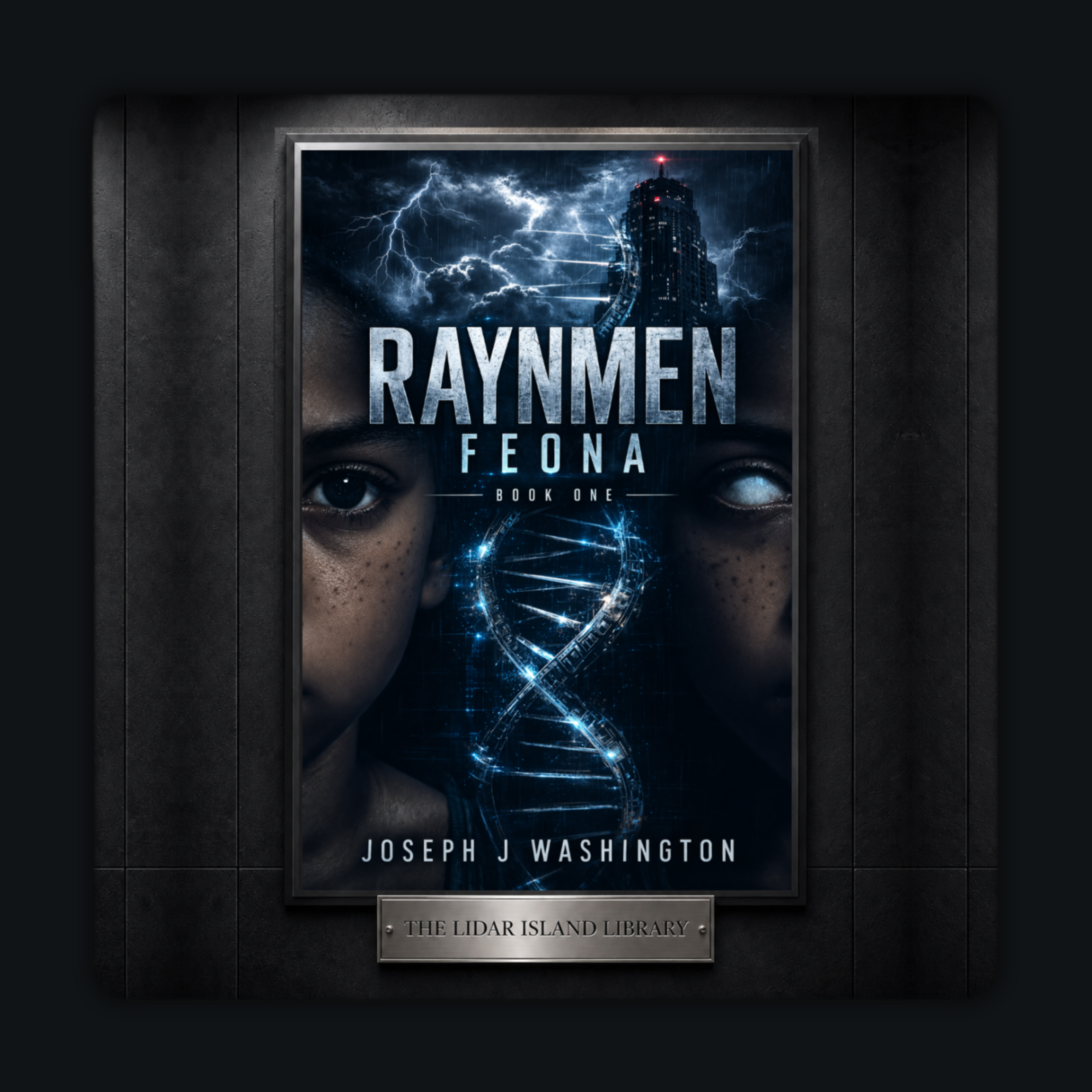 Framed cover of RAYNMEN F.E.O.N.A. Book One by Joseph J Washington, featuring a storm, a DNA helix, and one of each twins eyes on either side.