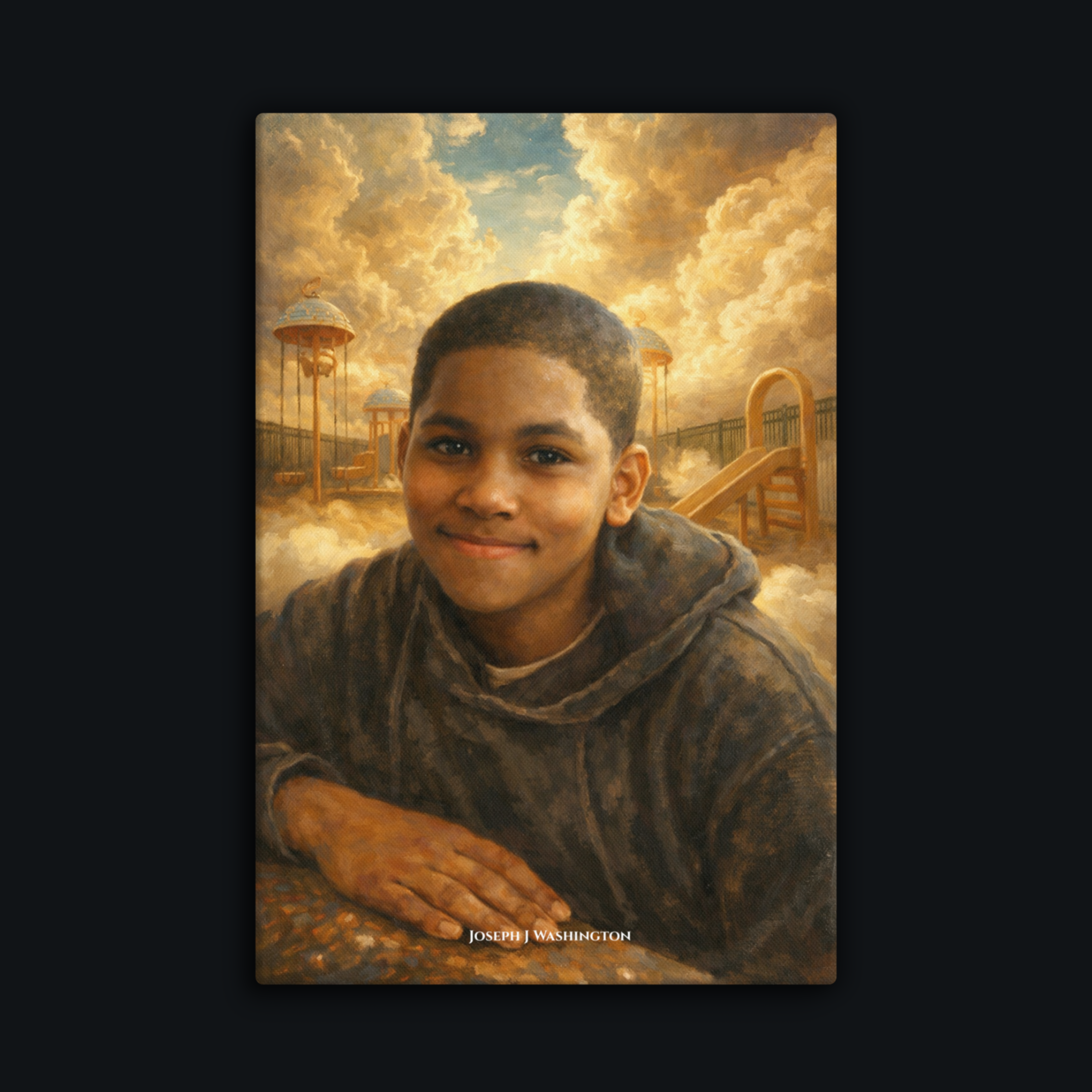 A Memorial Painting of Tamir Rice in a hoodie with a playground in the background